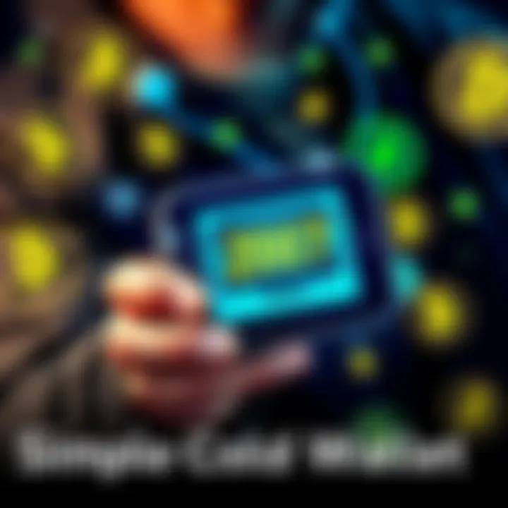 A person holding a sleek cold wallet device with a digital display, surrounded by cryptocurrency symbols, representing security and ease of use for beginners.