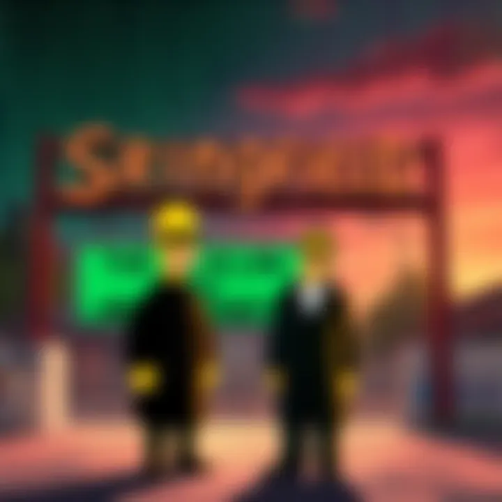 Homer Simpson in a black coat and sunglasses standing with Neo from The Matrix in front of the Springfield sign, both looking puzzled.