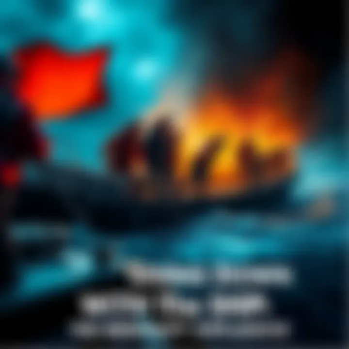 A crew on a sinking ship, showing determination despite the situation