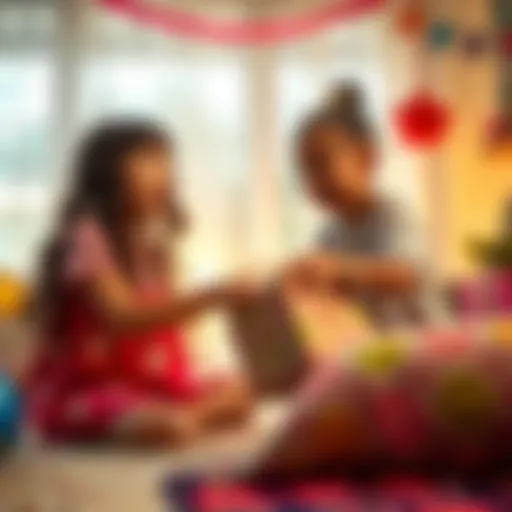 A sister surprises her sibling with a colorful rug pull gift during a birthday celebration, both showing surprise and excitement.