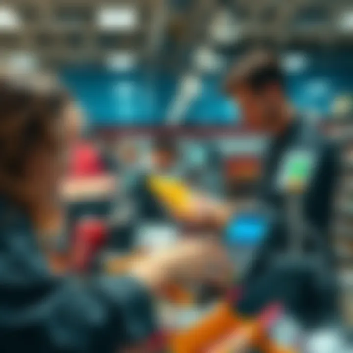 A cashier scanning items while a customer waits at checkout, showing a card payment terminal with a loading screen.