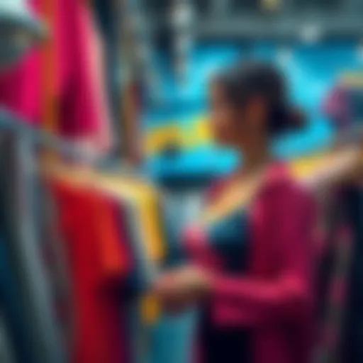 Small Business Clothing for Fuller Busts A woman shopping for stylish clothing that provides support for fuller busts, surrounded by colorful garments and a welcoming store atmosphere.