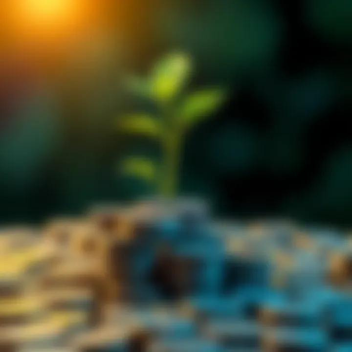 An illustration depicting a small plant growing out of a stack of coins, symbolizing investment growth from minimal contributions.