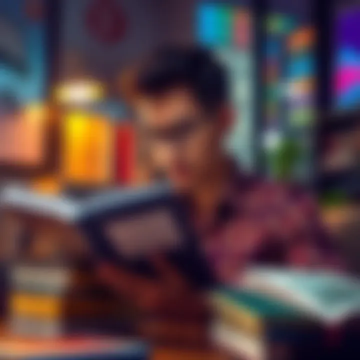 A person reviewing investment resources like books and podcasts for beginners
