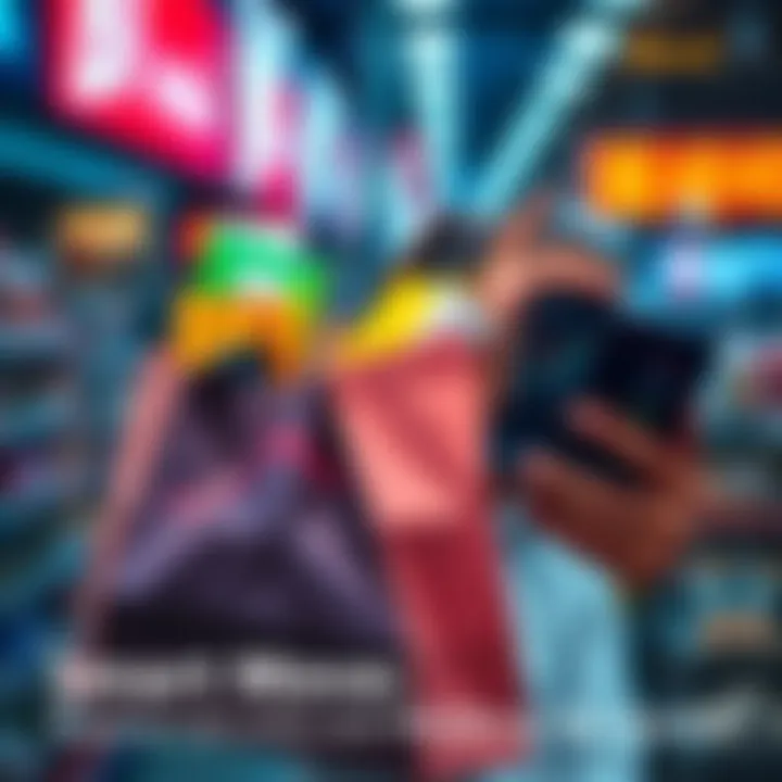 A person holding a shopping bag filled with low-priced items, looking at a stock chart on a phone, symbolizing strategic investing and anticipating gains.