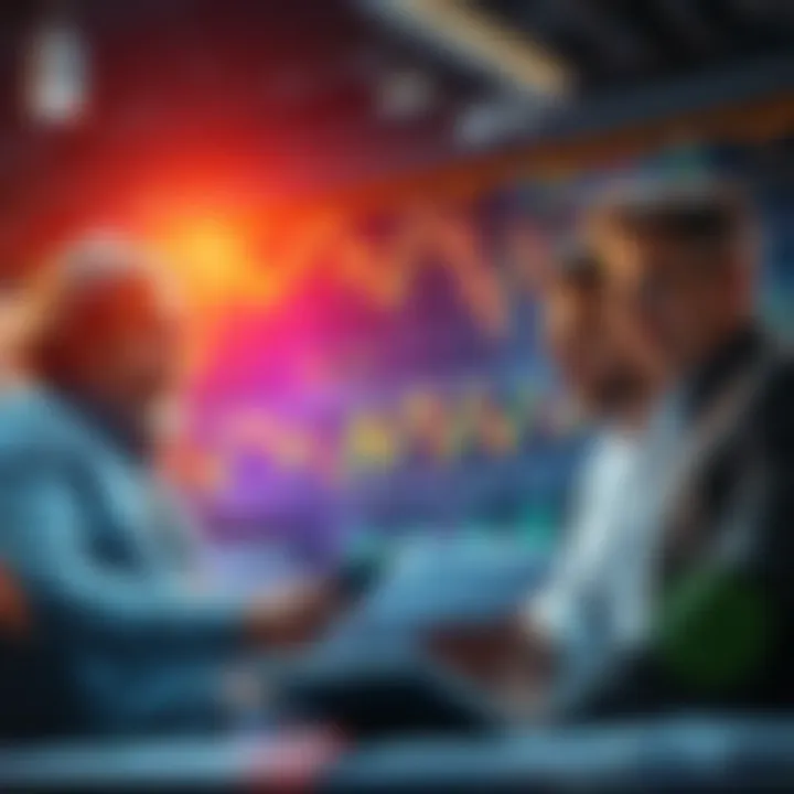 Group of investors reviewing crypto charts and discussing strategies to profit in a modern market