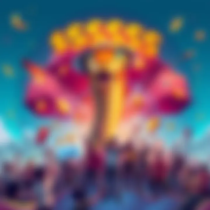 A vibrant illustration showcasing the $SSSSS community uniting, symbolizing strength and growth in the crypto landscape, featuring a creative depiction of a snake wearing a hat at the center, surrounded by enthusiastic members and dynamic graphics signifying momentum and success.