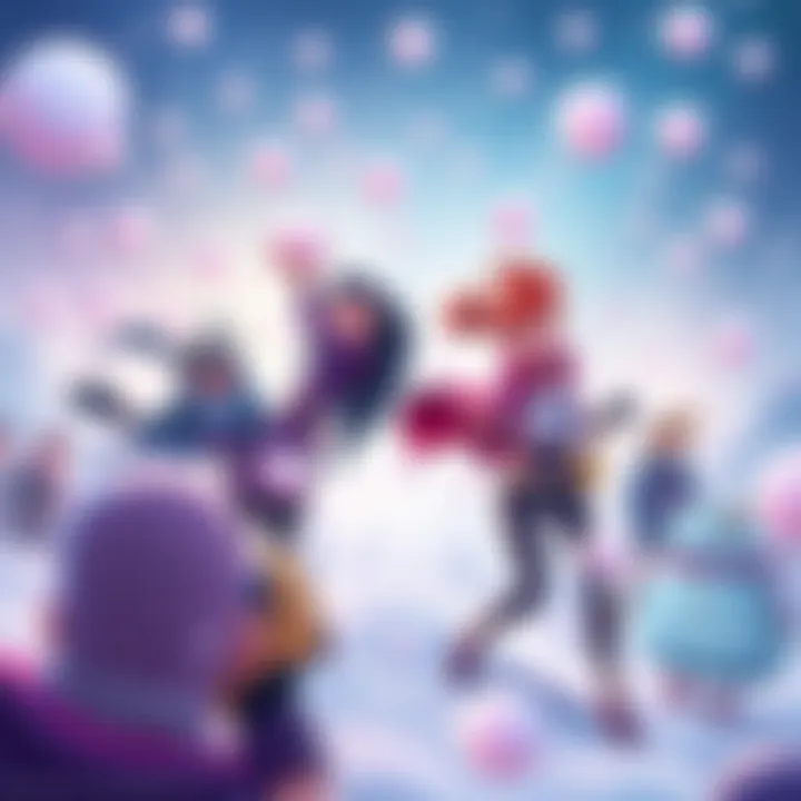 Vera and Miranda lead their factions in a snowball fight, with colorful snowballs flying in the air and allies gathered around them.