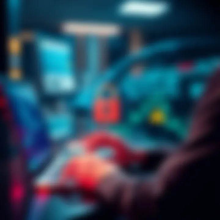 A person using a laptop with a lock symbol and warning signs, representing a social engineering attack on cybersecurity.
