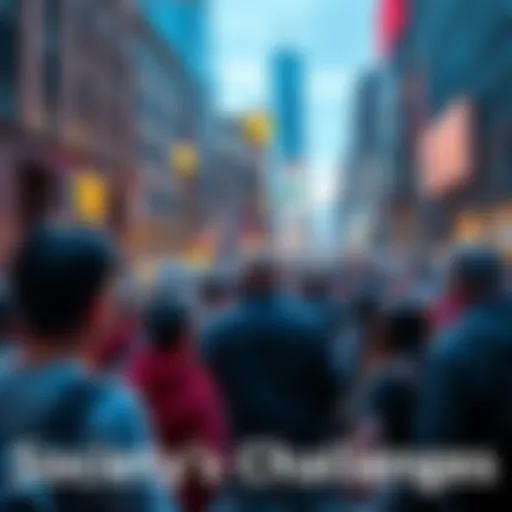 Society's Challenges People discussing societal issues in a crowded urban setting