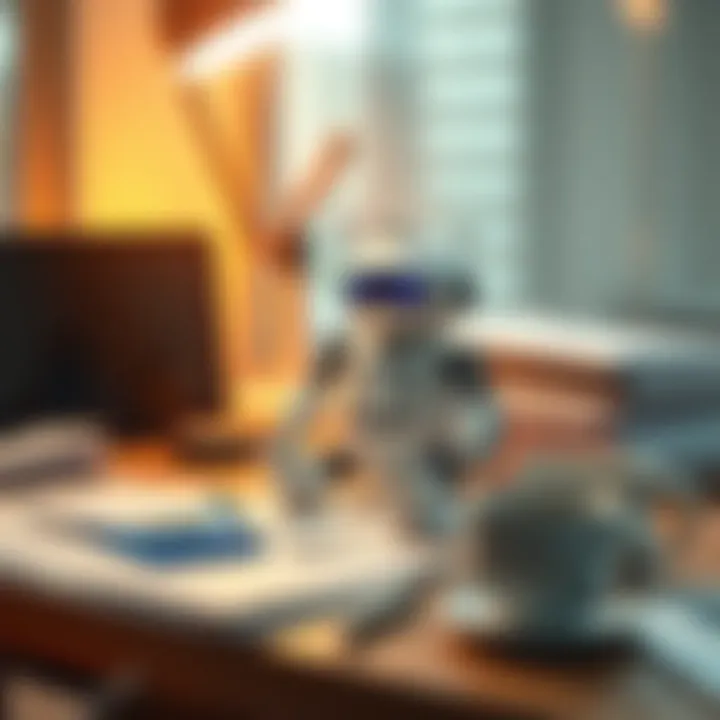 A playful soft robot designed for relieving work stress sits on an office desk surrounded by paperwork and a coffee cup.