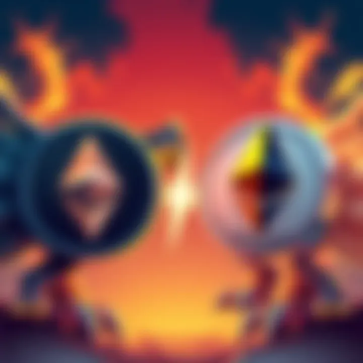 An illustration showing the logos of Solana and Ethereum in a competitive stance, representing their staking market cap rivalry.
