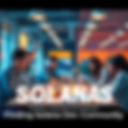 A group of Solana developers collaborating over laptops, discussing projects in a bright, modern workspace.