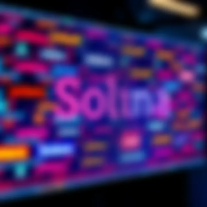 A digital screen displaying various Solana domain names ending in .sol, showcasing their use in crypto transactions and branding.