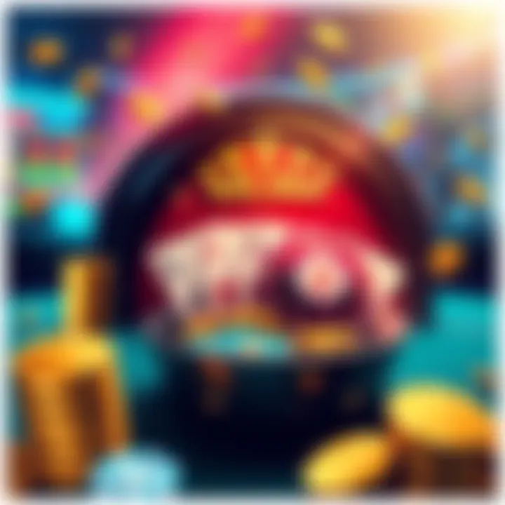 Solana Gambling Overview Illustration showing various gambling activities like poker and slots with Solana coins and symbols in the background.