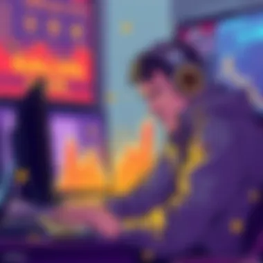 Illustration showing financial losses with a graph going down and a distressed investor looking at a computer screen
