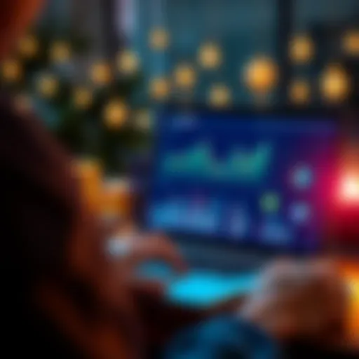 A person analyzing charts and graphs on a laptop with Solana symbols in the background, representing monthly investment strategies.