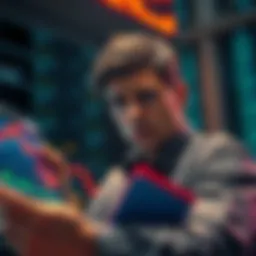 A concerned person looking at a digital chart showing a decline in Solana's market price