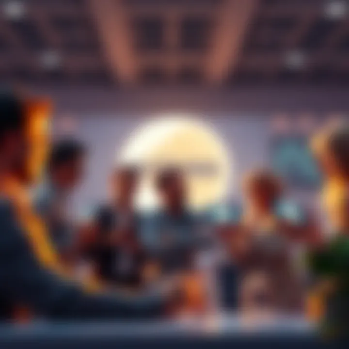 A group of people discussing how to use the Solana blockchain for everyday tasks, with devices showing the Solana logo, symbolizing practical applications.