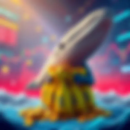 A large whale character symbolizing a big investor holding bags of $PATOS tokens, surrounded by digital graphics representing the crypto market.