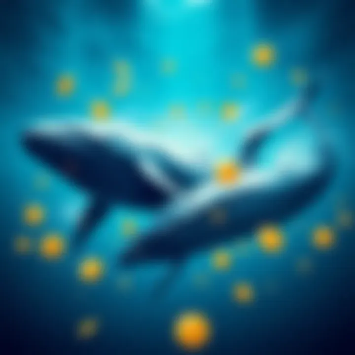 A group of whales symbolizing large investors supporting Solana blockchain, surrounded by digital currency symbols.