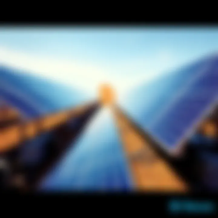 A Bitcoin mining farm powered by solar panels, showcasing rows of solar energy systems with mining equipment in a sunny environment.