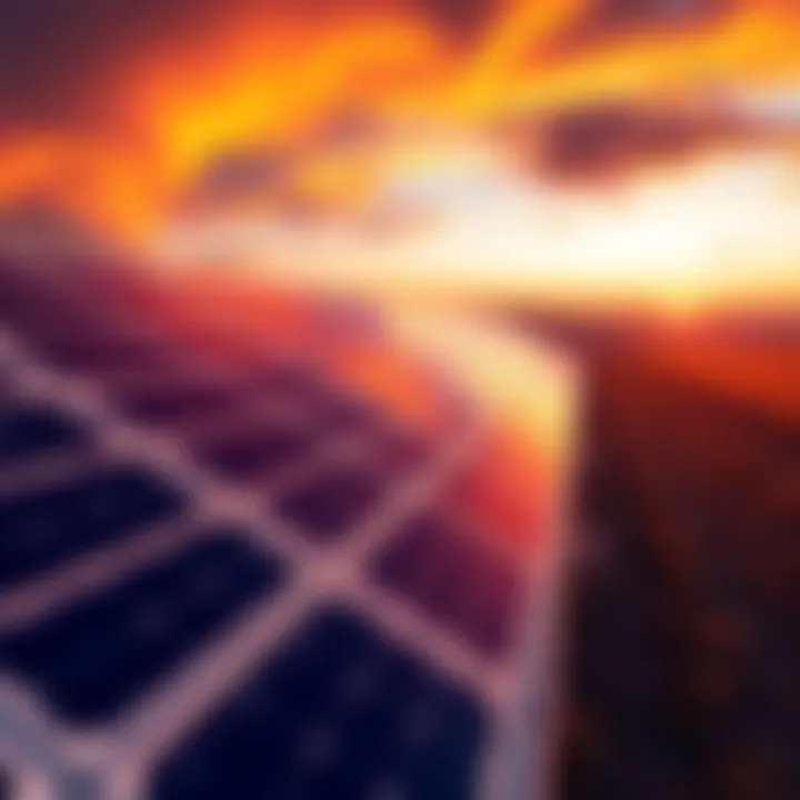 A solar panel array powering bitcoin miners with a sunset backdrop.
