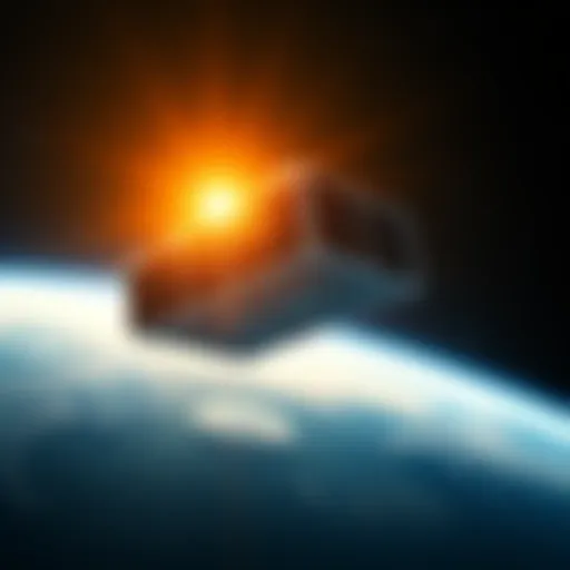 A solar-powered data center orbiting Earth, designed for Bitcoin mining, surrounded by stars and space