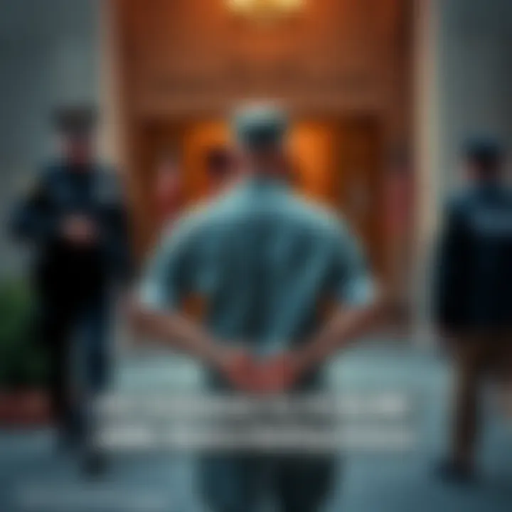 A soldier in handcuffs being escorted by law enforcement officers outside a federal building