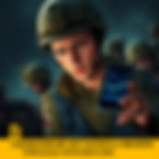 A soldier holding a phone showing Bitcoin charts, looking worried and contemplative, with a military background