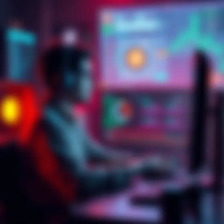 A person sitting at a computer with cryptocurrency mining software open, showcasing solo mining strategies and pool difficulty settings.