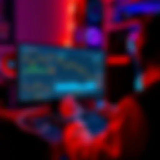 A person using a computer to solo mine Bitcoin with Nicehash software, displaying graphs and mining statistics on the screen.