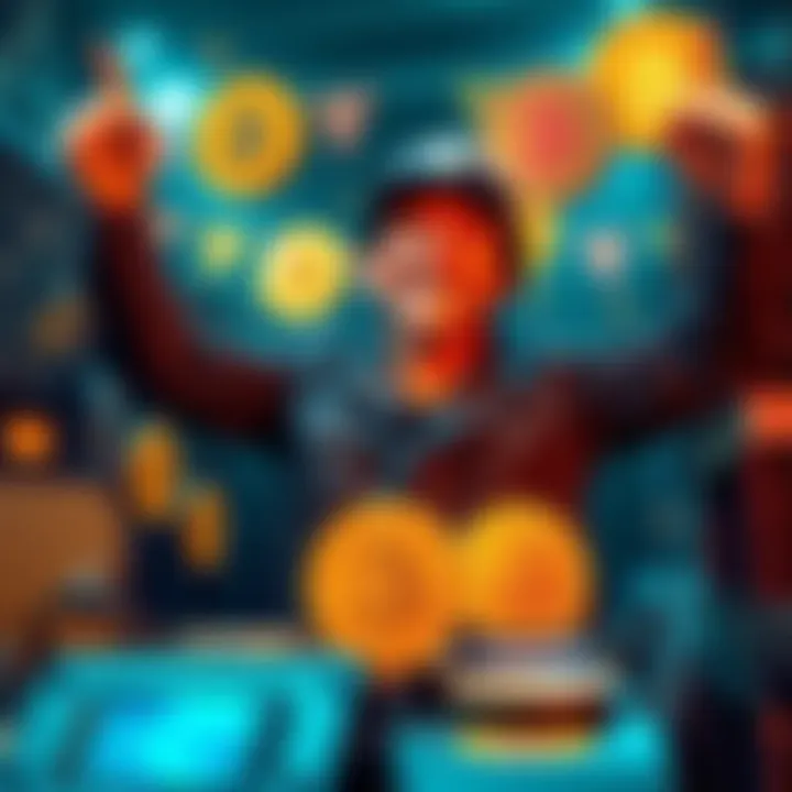 A happy solo Bitcoin miner celebrating after winning a block reward, surrounded by Bitcoin symbols and mining equipment.
