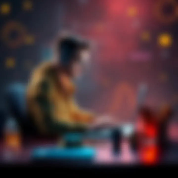 A solo developer working on a decentralized application on a laptop, looking focused and inspired. Tools and coding symbols surround them, representing the Solana blockchain.