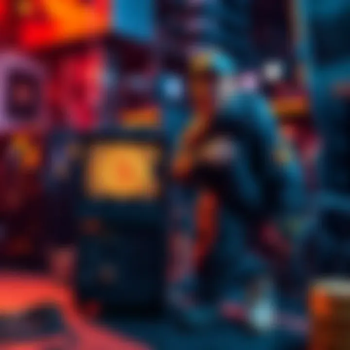 A solo miner stands proudly next to a compact Bitaxe device displaying a Bitcoin reward on a screen, surrounded by mining equipment