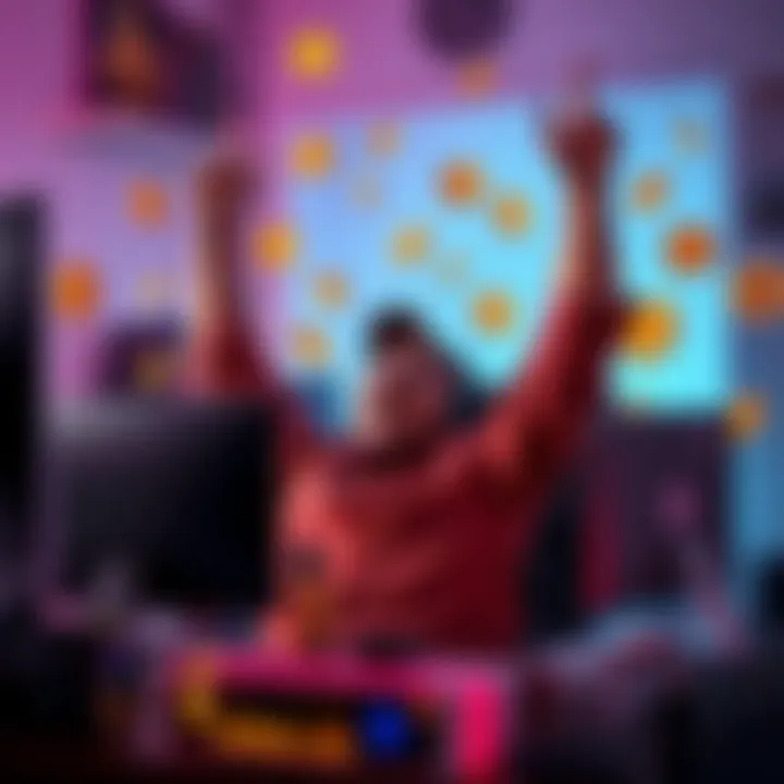 A solo miner joyfully celebrating with a computer and mining equipment at home, surrounded by cryptocurrency symbols.