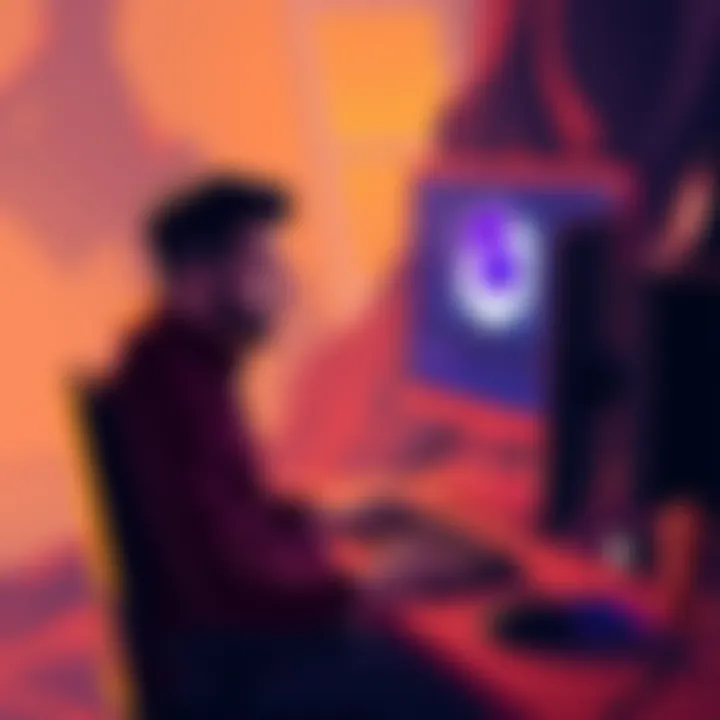 A solitary miner sitting in front of a computer, looking disappointed with an empty block reward graphic on the screen.
