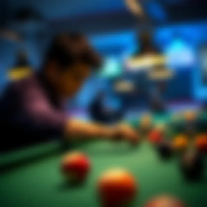 A person focused on playing pool alone, practicing shots with concentration on a well-lit table.