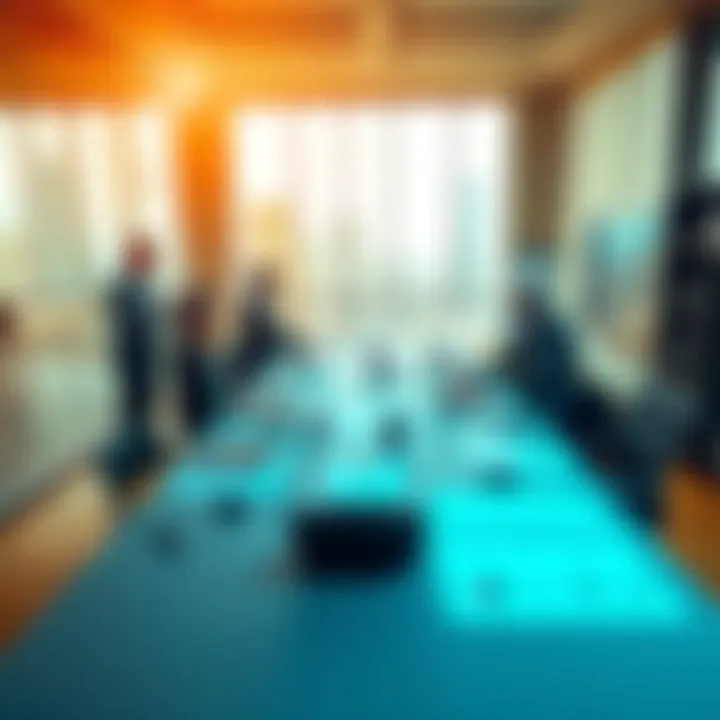 A group of investors discussing strategies over a table filled with charts and laptops in a modern office setting.