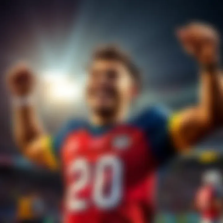 A player smiles and raises their hands in celebration after scoring points in a fantasy sports game, showing excitement for their achievement.