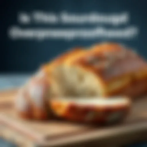 Sourdough loaf on a cutting board A dense sourdough loaf with a crispy crust, sliced to show its texture, placed on a wooden cutting board