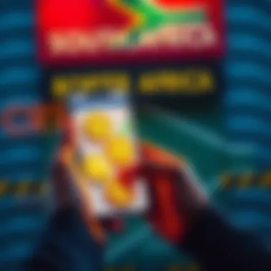 A traveler holding a smartphone with cryptocurrency symbols in front of a South African border post sign, highlighting new regulations.