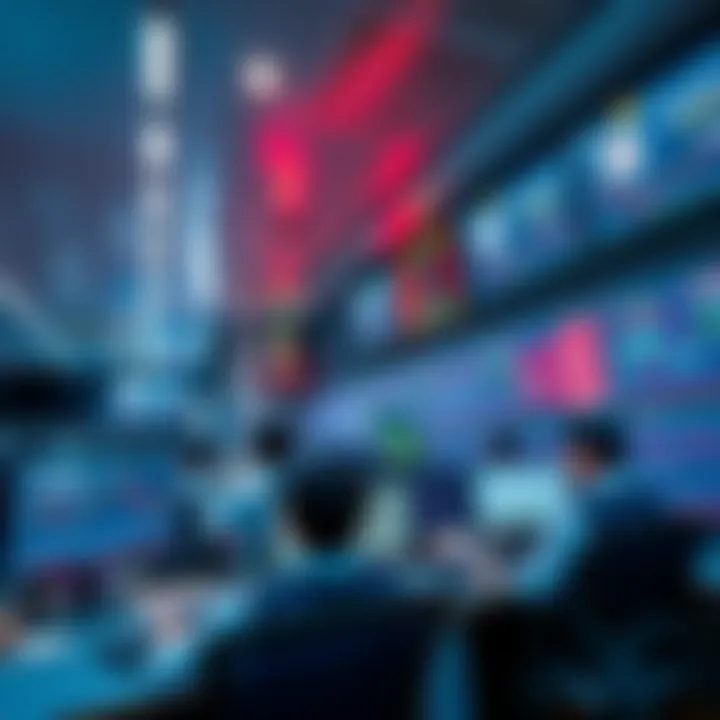 South Korea Crypto Trading A bustling scene of South Korean traders actively engaging in cryptocurrency trading on multiple screens in a modern office setting.