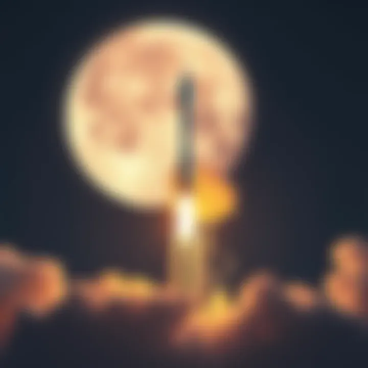 SpaceX Dogecoin Launch A SpaceX rocket launching with a large Dogecoin symbol in front of the Moon