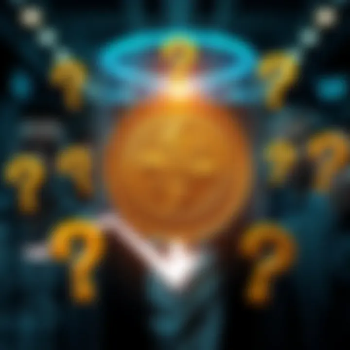 A graphic showing a speculative coin surrounded by question marks and a downward trend line, representing uncertainty in its value. Investors look concerned in the background.