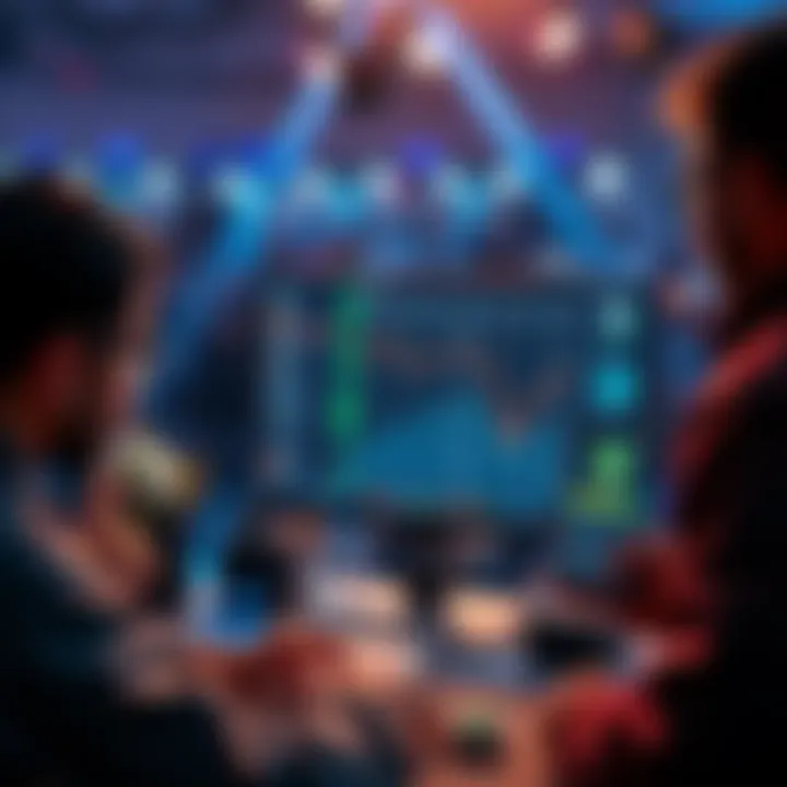 People engaging with a new sports prediction market platform on a computer and mobile device, showcasing excitement in sports betting.