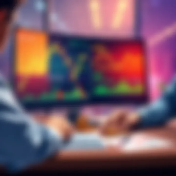 An illustration showing a person analyzing charts on a computer screen, with coins and a calculator on the desk, representing trading strategies.