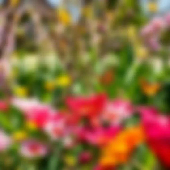 Spring Flowers in Bloom Colorful flowers blooming in a sunny spring garden with butterflies fluttering around.