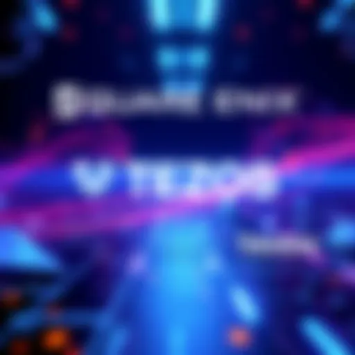 Square Enix logo with Tezos logo, symbolizing their partnership in blockchain technology