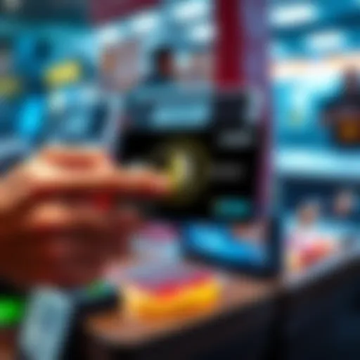 A stablecoin card being used at a merchant terminal, showing a transaction taking place with a digital display of a cryptocurrency balance.